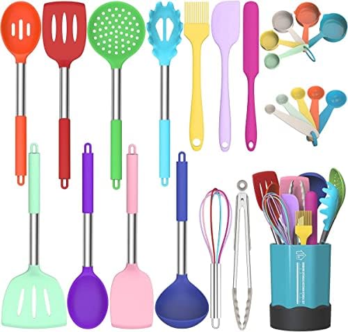 Silicone Cooking Utensil Set, Fungun Non-Stick Kitchen Utensil 24 Pcs Cooking Utensils Set, Heat Resistant Cookware, Silicone Kitchen Tools Gift with Stainless Steel Handle (Colorful-24pcs)