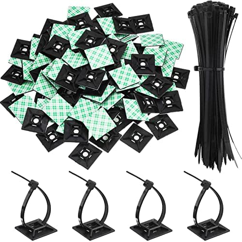 Kit de 200 soportes adhesivos negros con cremallera, 100 bridas autoadhesivas y 100 soportes de base de bridas de cables, kit de soportes de base de alambre para hogar, oficina, garaje y taller