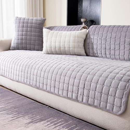 MDSASFD Velvet Couch Cover, Washable Sectional Sofa Cover, Anti Slip Sofa Slipcovers for 3 Cushion Couch Sofa L Shaped Recliner, Furniture Protector Covers for Pets Kids(Light Grey, Only 1 PCS)