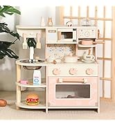 CUTE STONE Wooden Play Kitchen for Kids, Pretend Kitchen Playset with Coffee Maker, Oven, Microwa...