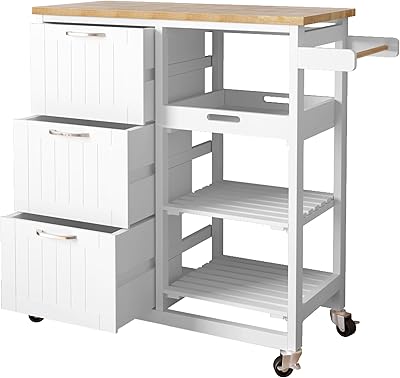 Usinso Kitchen Cart Small Kitchen Island with Storage, Serving Rolling Bar Cart on Wheels with 3 Drawers&Solid Wood Top, 3 Tier Shelves Kitchen Island Cart with Handle Racks, White