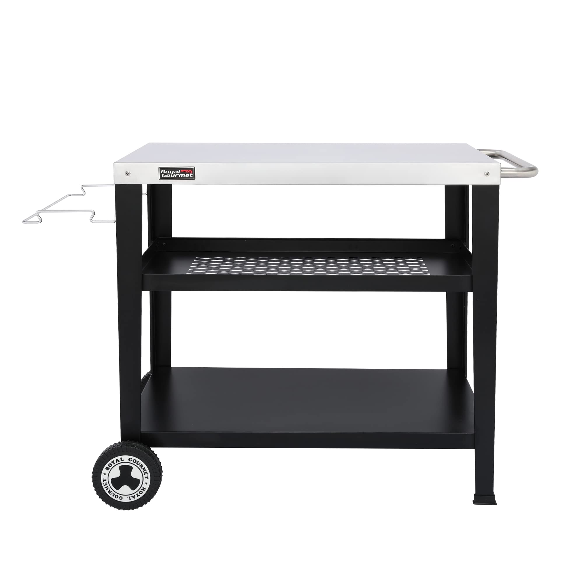 Royal Gourmet PC3404S Rolling Dining Table with Trash Bag Holder, Outdoor Garden Patio BBQ Kitchen Food Prep Table Cart, 34"L x 20"W Stainless Steel Tabletop, Silver & Black