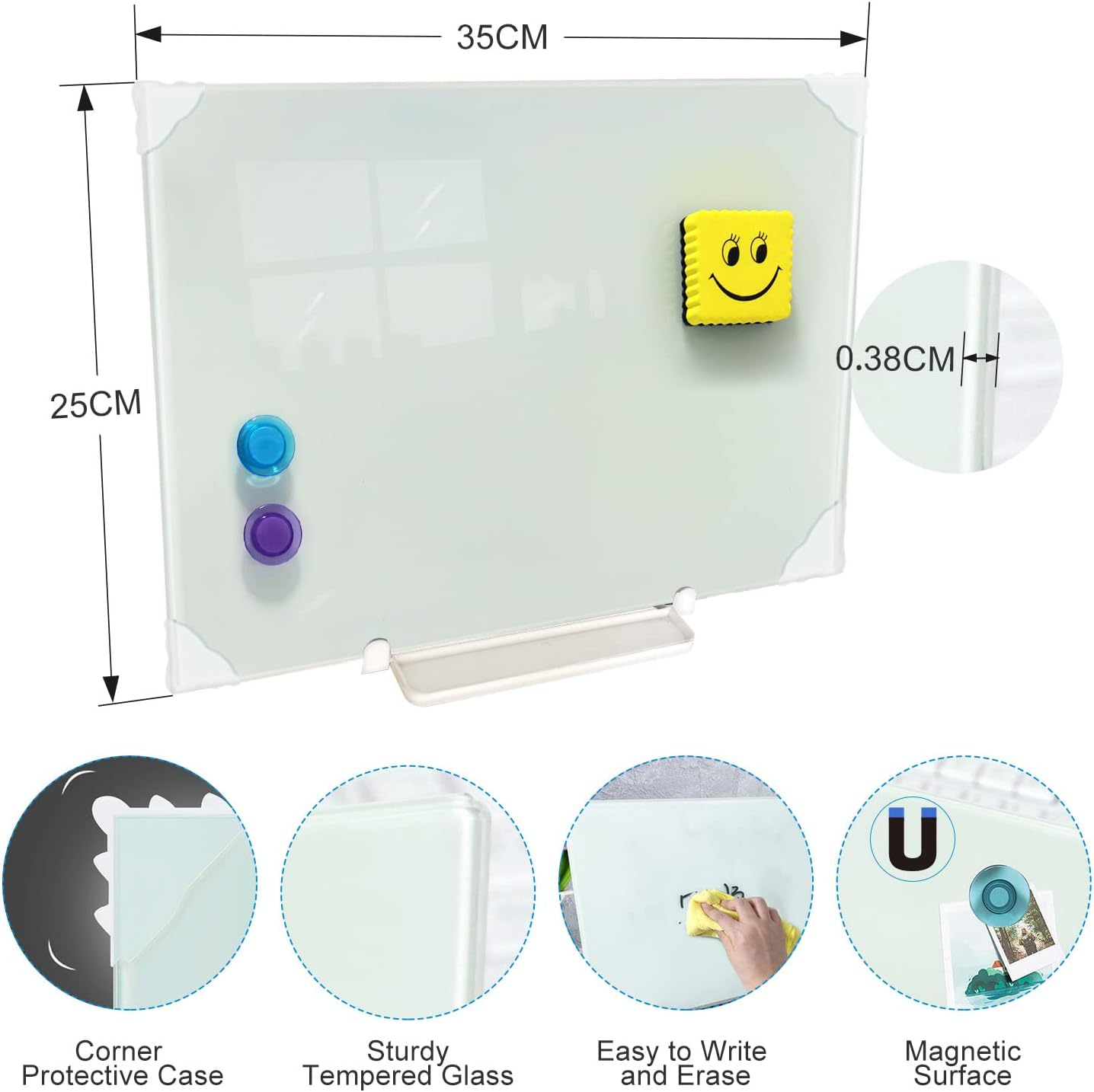 Small Glass Whiteboard Desktop with Adjustable Stand 35x25cm, Personal ...