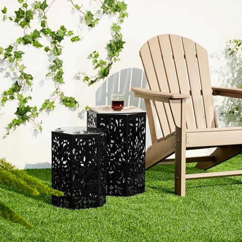 Glitzhome Outdoor Side Tables Set of 2 Decorative Garden Stools,Heavy Duty Metal Cutout Floral Pattern Hexagonal Modern End Table Plant Stand Accent Table, Black