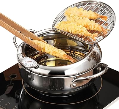 Deep Fryer Pot 2.2L 6.5-8 Inch Japanese Style with Lid Oil Drain Tray, Thermometer Celsius, Japard 304 Stainless Steel Tempura Frying Pot