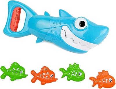 INvench Shark Grabber Baby Bath Toys - Blue Shark with Teeth Biting Action Include 4 Toy Fish - Bath Toys for Kids Ages 4-8 Boys Girls Toddlers Pool Toys