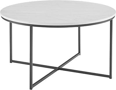 Walker Edison Cora Modern Round Faux Marble Top Coffee Table with X Base, 36 Inch, Marble and Black