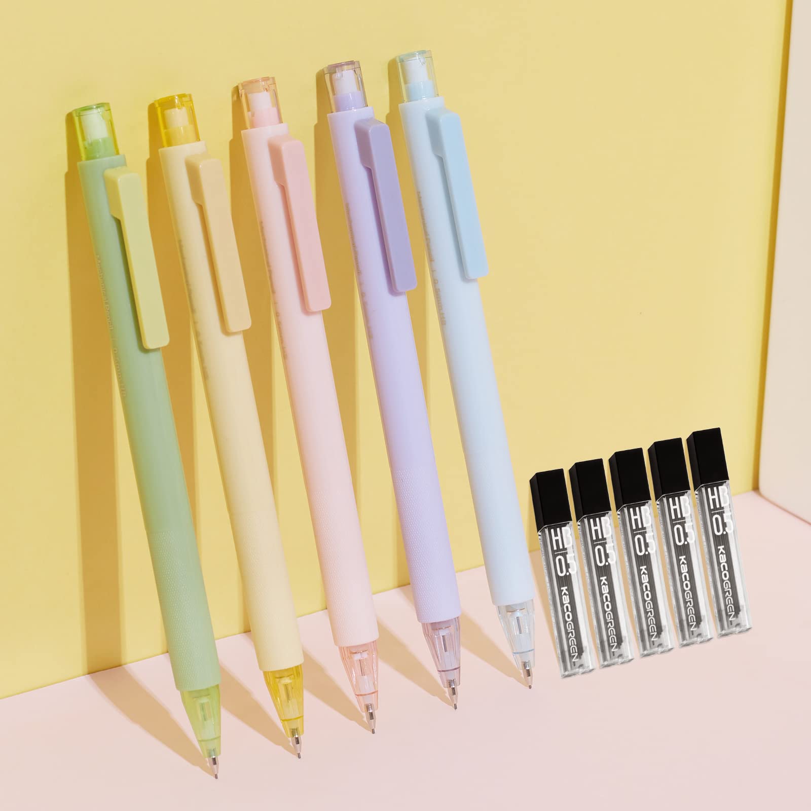 KacoMechanical Pencil Set, 5 Pieces Cute Pastel Pencils 0.5 mm with 5 Tube HB Lead Refills (5 Pieces - 5 Mixed Color)