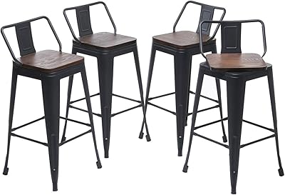 Yongqiang 24" Swivel Metal Bar Stools with Backs Counter Height Barstools Set of 4 Industrial Kitchen Bar Chairs with Wooden Seat Matte Black