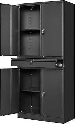 Yizosh Metal Garage Storage Cabinet with Locking Doors and Adjustable Shelves, Tool Storage Cabinet with 1 Drawer - 71" Steel Locking Cabinet for Garage, Warehouse (Black)