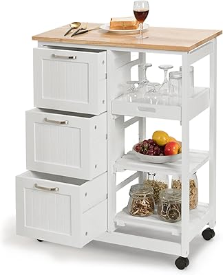 Giantex Kitchen Island Cart, Home Bar Serving Cart, Kitchen Trolley with 3 Large Drawers, Storage Shelf and 3 Tier Shelves, Rolling Storage Cabinet, Mobile Cart (White)