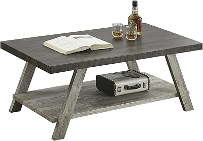 Roundhill Furniture Athens Contemporary Wood Shelf Coffee Table, Weathered Walnut and Gray