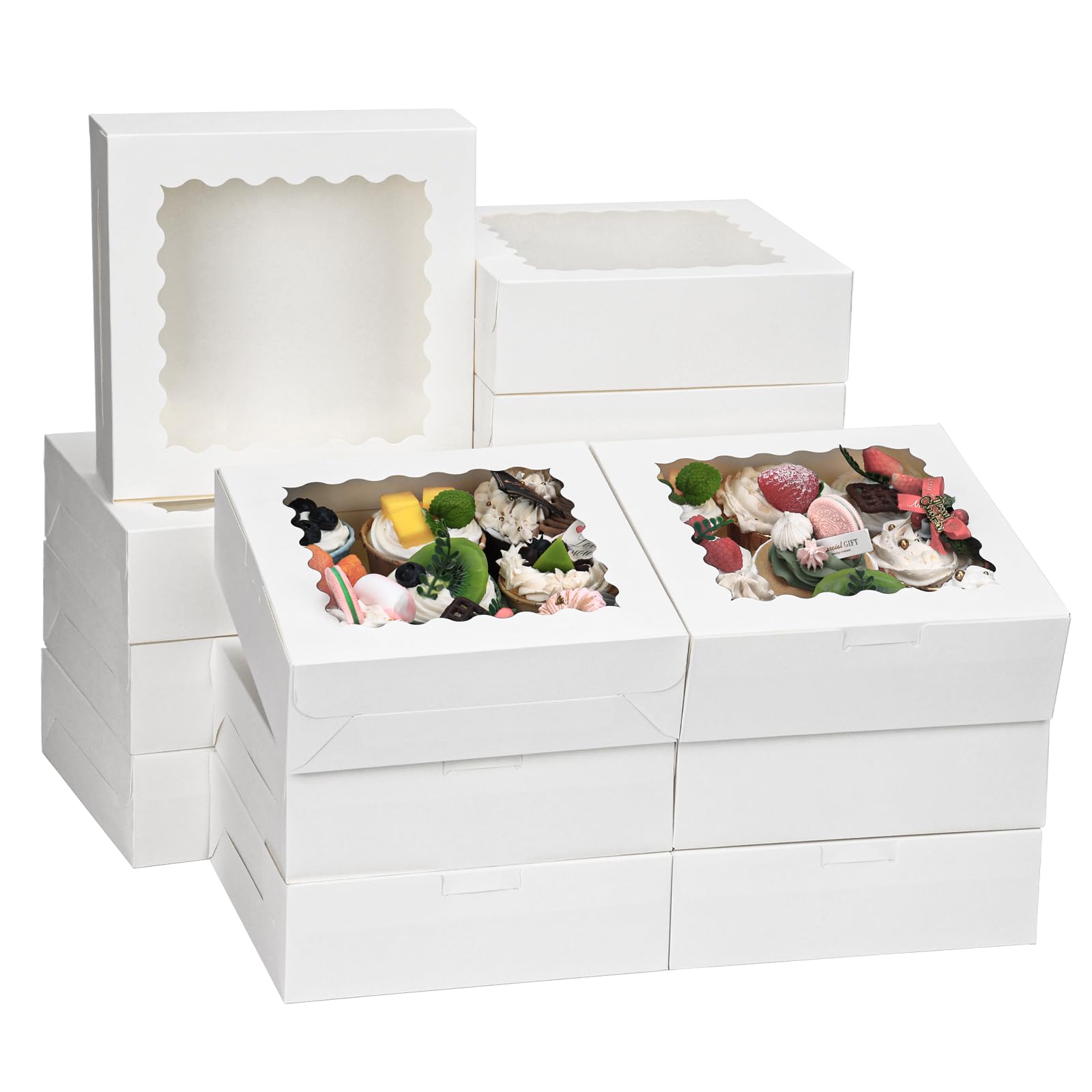 Moretoes 30pcs Bakery Boxes 8x8x2.5 Cookie Boxes with Window White Treat Boxes Pie Boxes Pastry Boxes for Donuts, Chocolate Strawberries Birthday Party