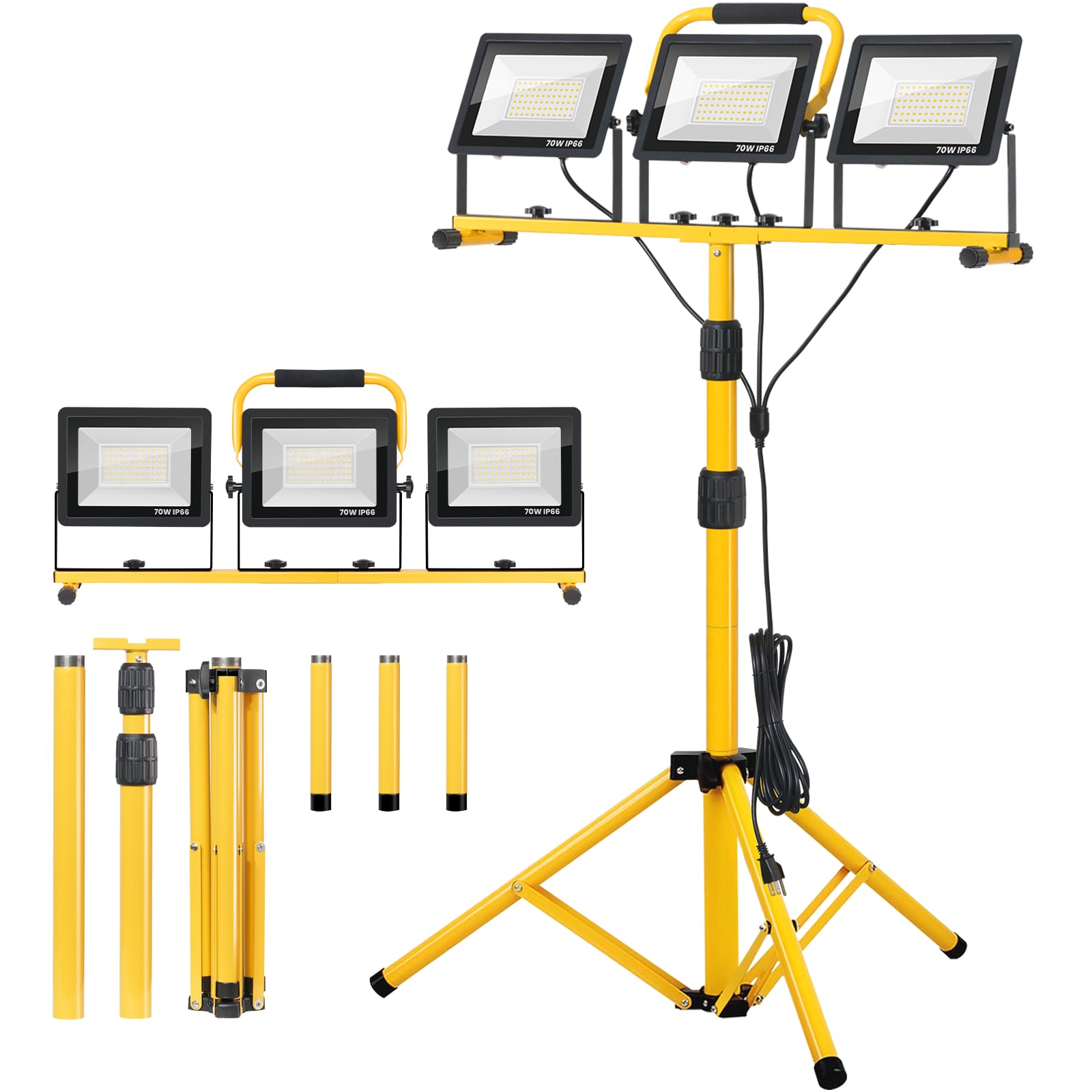 21000Lumen LED Work Lights with Stand - 3 Head Portable Work Light with 16FT Cord - IP66 Waterproof Tripod Worklights for Outdoor Indoor Job Site Workshop Garage Construction Site Lighting