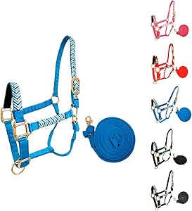 Tahoe Tack Patterned Nylon Adjustable Horse Halters with Padded Noseband and Matching 10’ Soft Grip Lead Rope with one Year Warranty