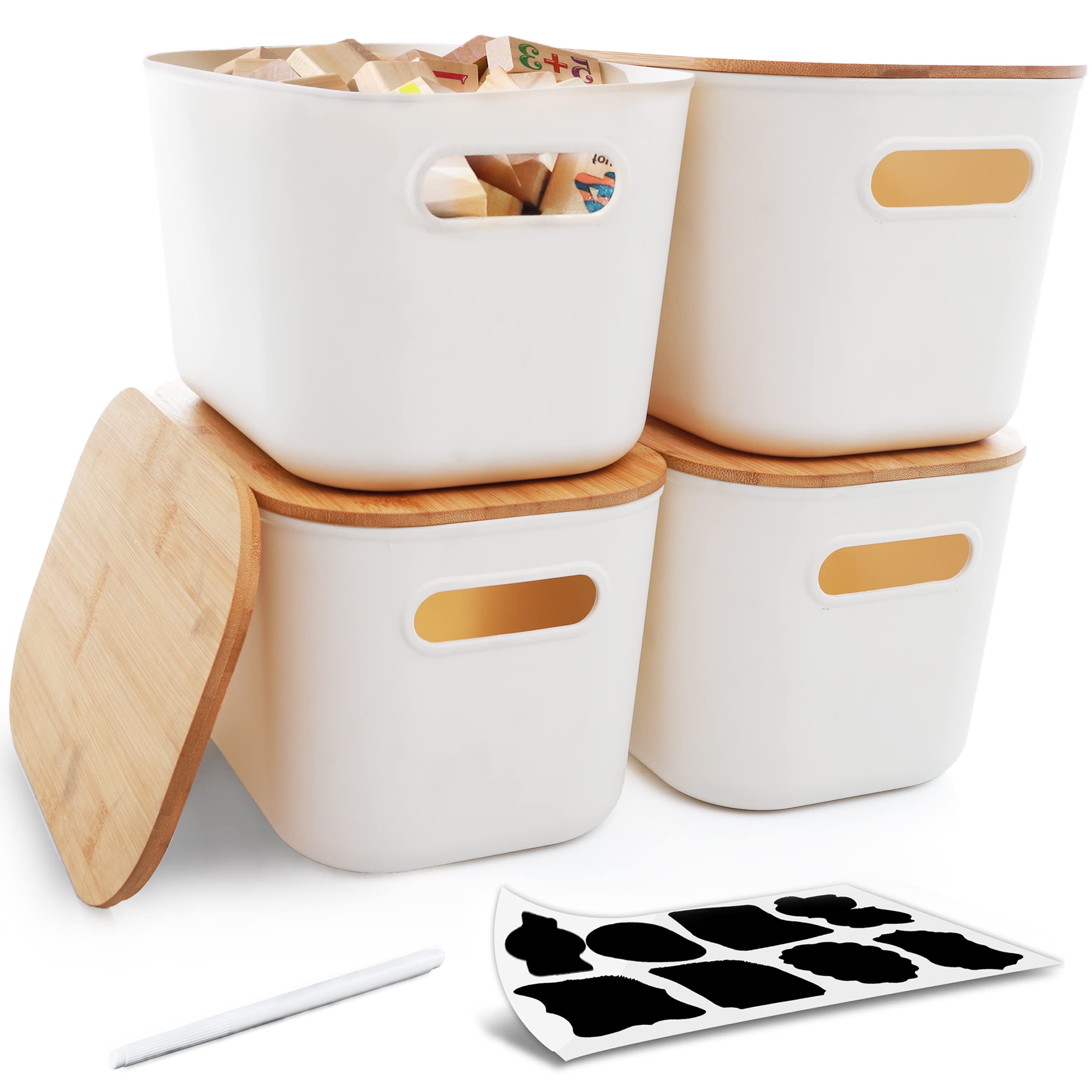 Citylife 4 PCS Storage Bins with Bamboo Lids Plastic Storage Containers for Organizing Stackable Storage Box with Handle, 10.23 x 7.08 x 6.3 inch