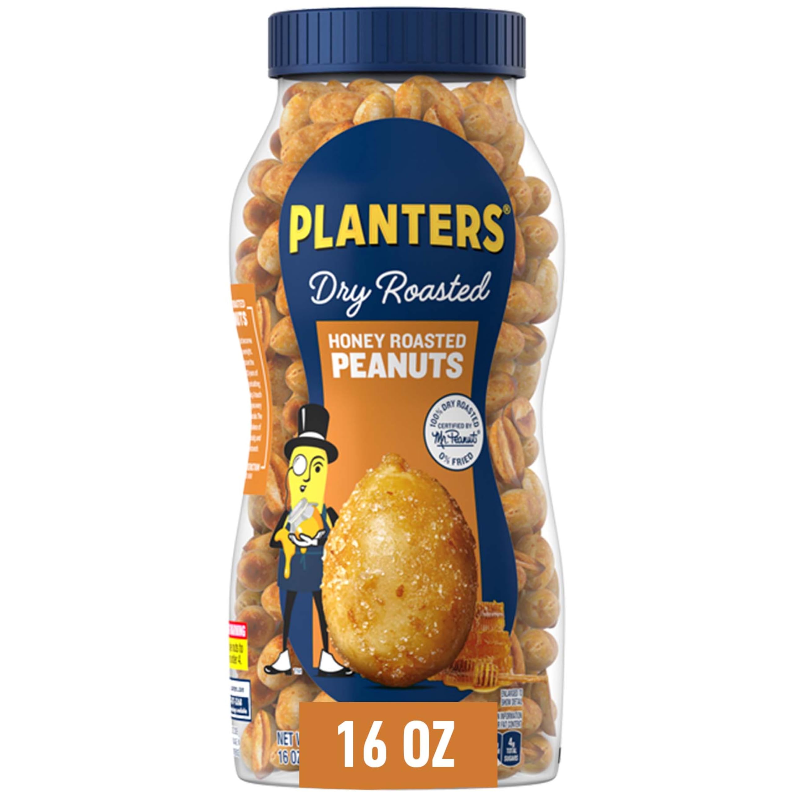 PLANTERS Honey Roasted Peanuts, Party Snack, Plant-Based Protein, After School Snack, Sweet and Salty, Salted Nuts, Flavored with Sea Salt and Honey, Quick Snacks for Adults, Kosher, 16oz Jar