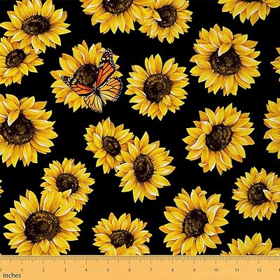 Feelyou Sunflower Outdoor Fabric by The Yard, Butterfly Yellow Floral Upholstery Fabric for Chairs, Girls Women Blossom Flowers Botanical Decorative Fabric for Home DIY Projects, 1 Yard, Black Yellow