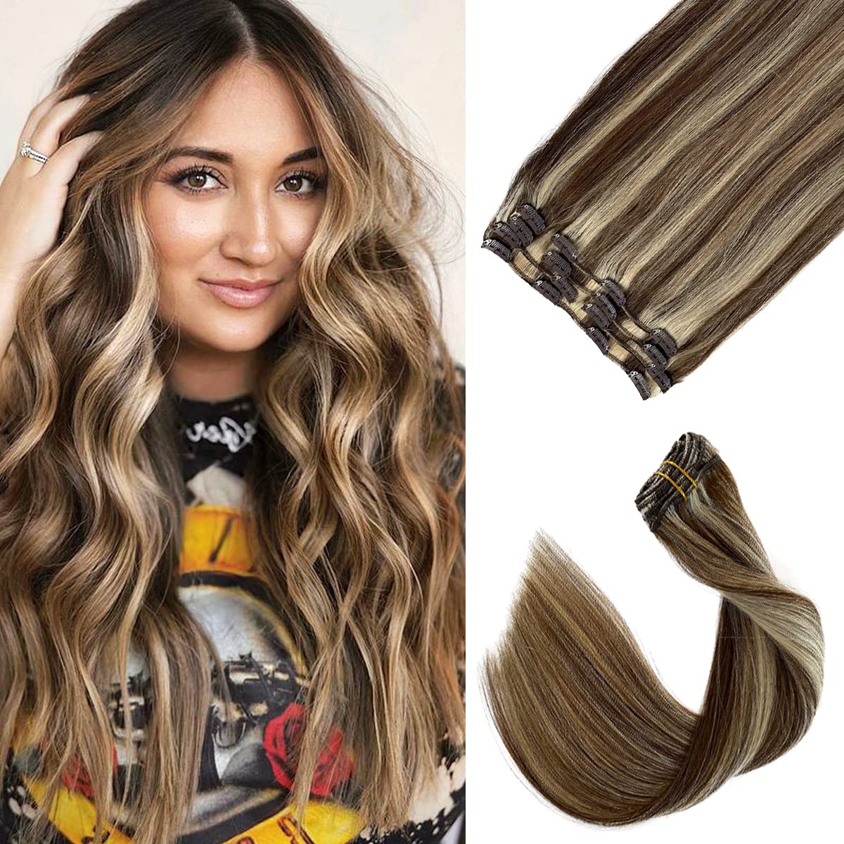 Amazon.com : Remy Clip in Hair Extensions Brown with Blonde Highlights ...