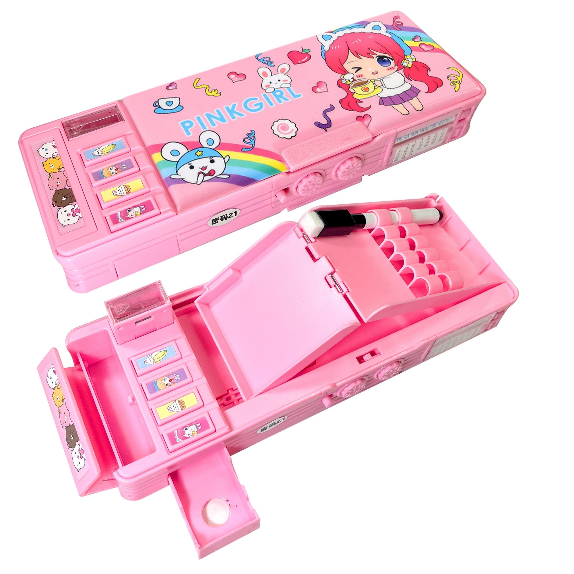 LilyBeauty Pop Up Multifunction Pencil Case for Girls and Boys, Cute Cartoon Pen Box Organizer Stationery with Lock, Sharpener, Schedule, Whiteboard, School Supplies, Best Gifts for Kids(Pink)