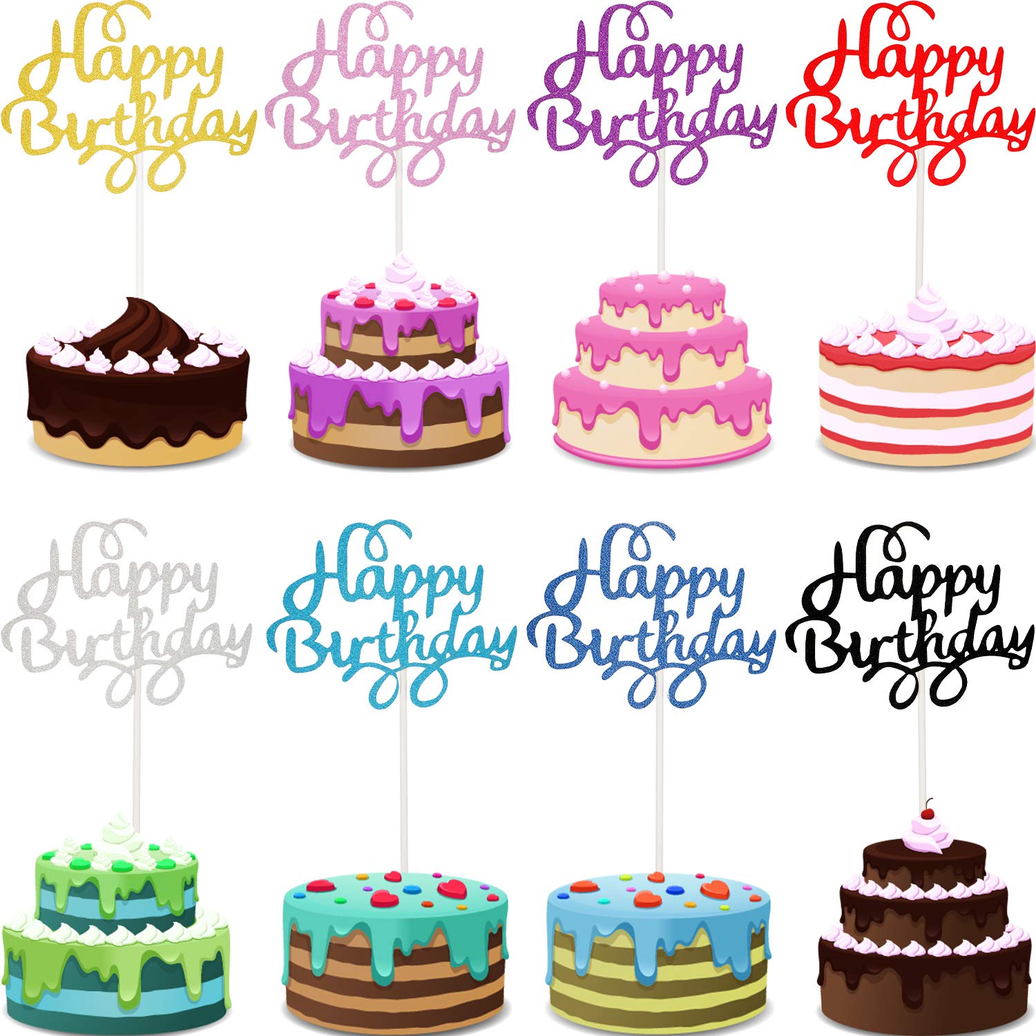 Amazon.com: 40 Pieces Happy Birthday Cake Toppers Glitter Birthday ...