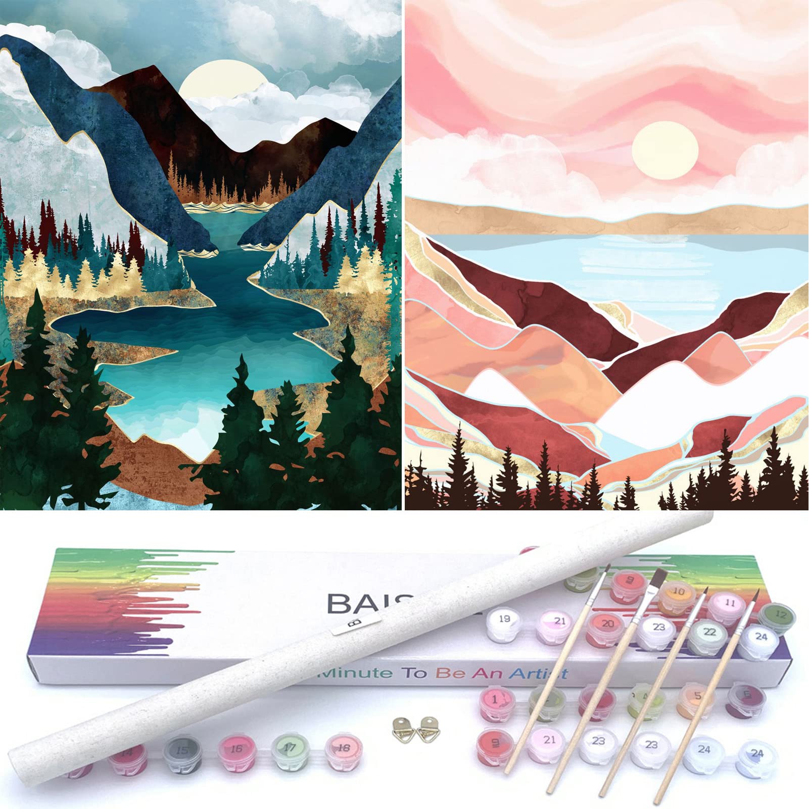 BAISITE Paint by Numbers Kit for Adults Beginners,12" Wx16 L 2 Pack Canvas for Painting Kits for Adults in Colorful Box-Sunset Lake Mountains1112