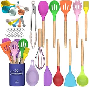 Umite Chef Kitchen Cooking Utensils Set, 24 pcs Non-Stick Silicone Cooking Kitchen Utensils Spatula Set with Holder, Wooden Handle Silicone Kitchen Gadgets Utensil Set (Colorful)