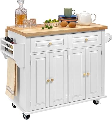 Finnhomy Rolling Kitchen Island With Drop Leaf, Thicken Rubberwood Top, Spice Rack, Towel Rack, Drawer, 43.3" Portable Mobile Kitchen Island Carts Table, Storage Cabinet, Both Wheels and Feet Included