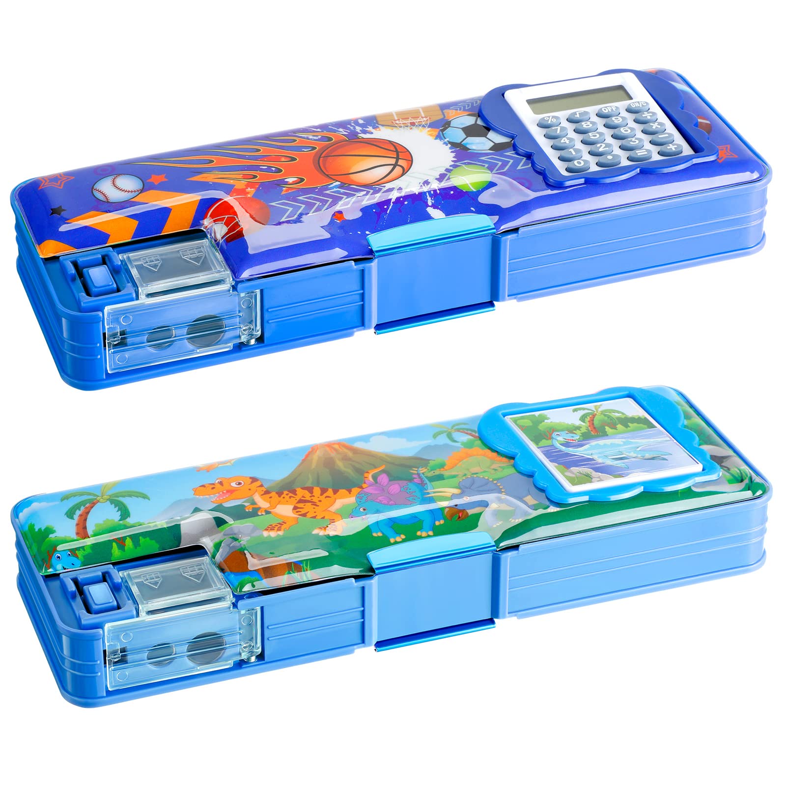 Henoyso 2 Pcs Multifunction Pencil Case with Calculator and Pencil Sharpener Sport Pencil Box for Boys Plastic Dinosaur Multifunction Stationery Organizer Box School Gift for Kids Teens Supplies