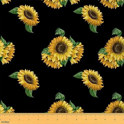 3D Floral Fabric by The Yard, Yellow Flowers Upholstery Fabric, Sunflower Pattern Quilting Fabric, Botanical Floral Print On Black Decorative Waterproof Fabric for Women Girl Quilting Sewing, 2 Yards