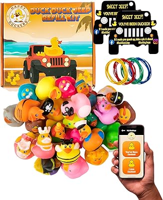 Jeep Ducks for Ducking Refill Kit- 75 Piece kit Including 25 Rubber Ducks, 25 Jeep Ducking Cards & 25 Rubber Bands Plus Official Duck Duck Jeep Mobile App - Happy Duckers