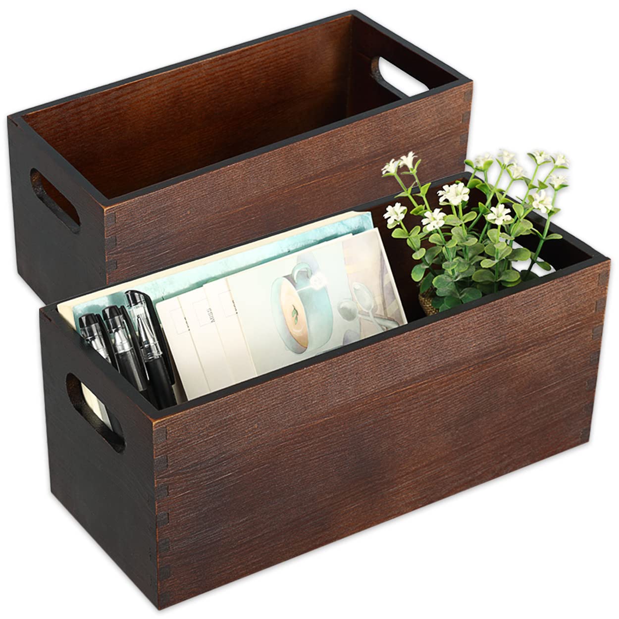 Wood Open Storage Boxes Mail Organizer Bins Letter Holder Box Rustic Wooden Boxes for Storage Nesting Storage Box Set 2