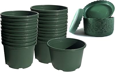 HENGDELI 6 Sets / 2.6 Trade-Gallon Diameter 9.8" Green Printed Plastic Shallow Pots with Tray for Flower, Succulents Plants in Garden Outdoor Indoor