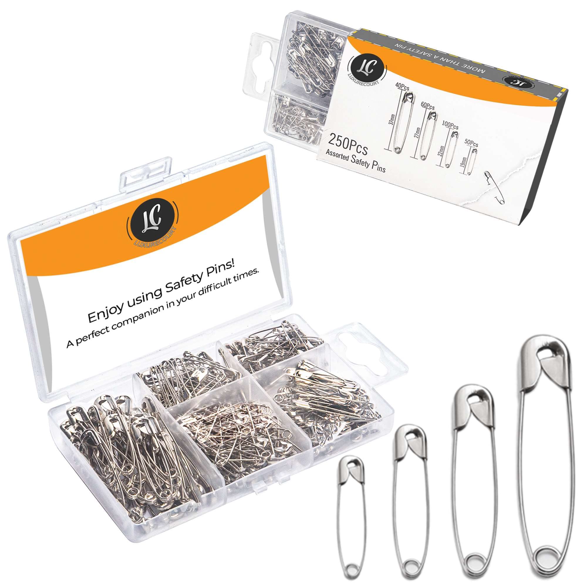 250 Pack Safety Pins by Luxurecourt, 4 Assorted Sizes of Durable, Silver Small and Large Safety Pins Bulk, Rust-Resistant Nickel Plated Steel, Sharp Edge for Clothes, Sewing, Arts & Craft