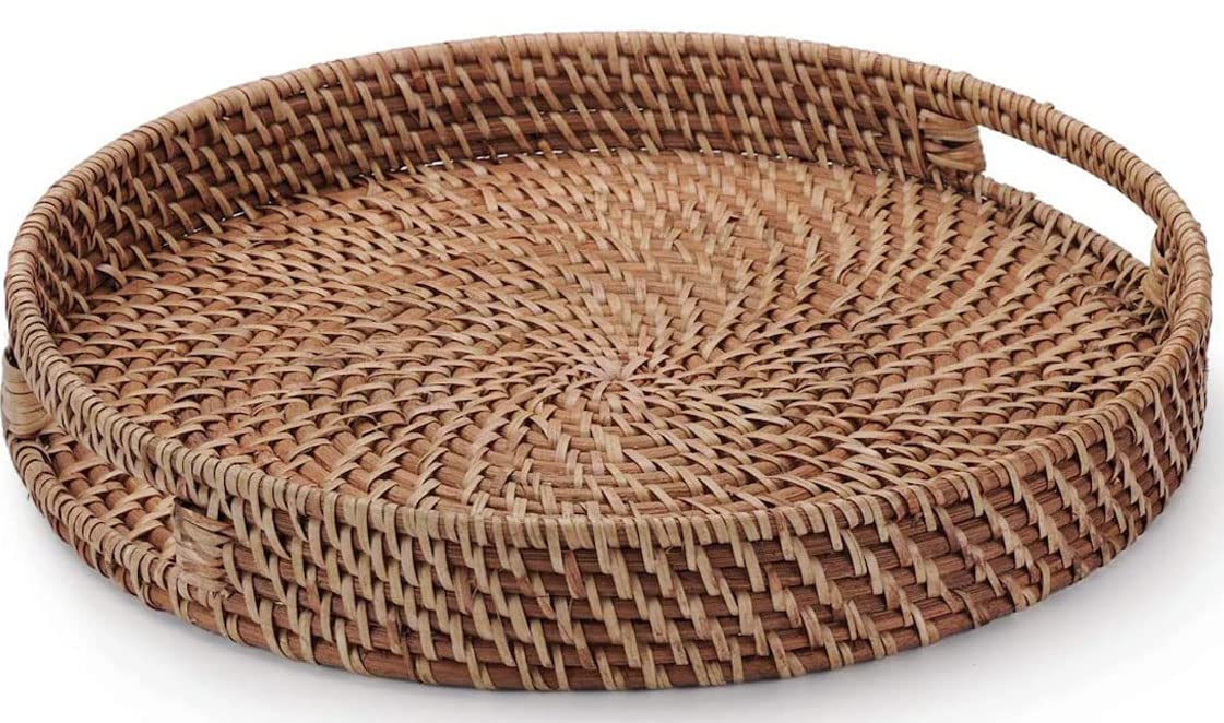 Photo 1 of 16.9 inch Rattan Tray, Round Wicker Tray with Cut-Out Handles, Woven Serving Tray for Dining/Coffee Table 16.9 inch (43cm)