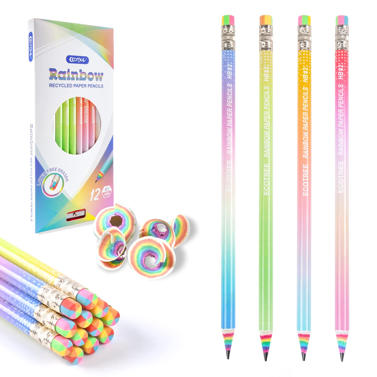 ECOTREE Pencils #2 Pre-sharpened Pencils Number 2 Pencils School Pencils Kids Pencils with Erasers Rainbow Pencils Eco Pencils Recycled Paper Pencils 12 Pack