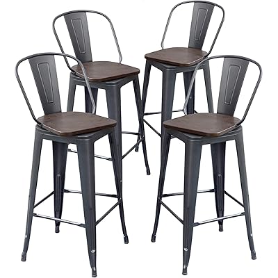 Aklaus Swivel Metal Bar Stools Set of 4 Counter Height Stools Counter Bar Stools with Back Swivel Metal Bar Chairs Wooded Seat 30 Inch Matte Black Barstools