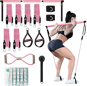 LAKXSF Pilates Bar Kit with Resistance Bands - Workout Equipment Home Gym, Pilates Bar with Extension Straps, 3 Tension Rods, 6 Exercise Bands, Door Anchor, for Women and Men (Pink)