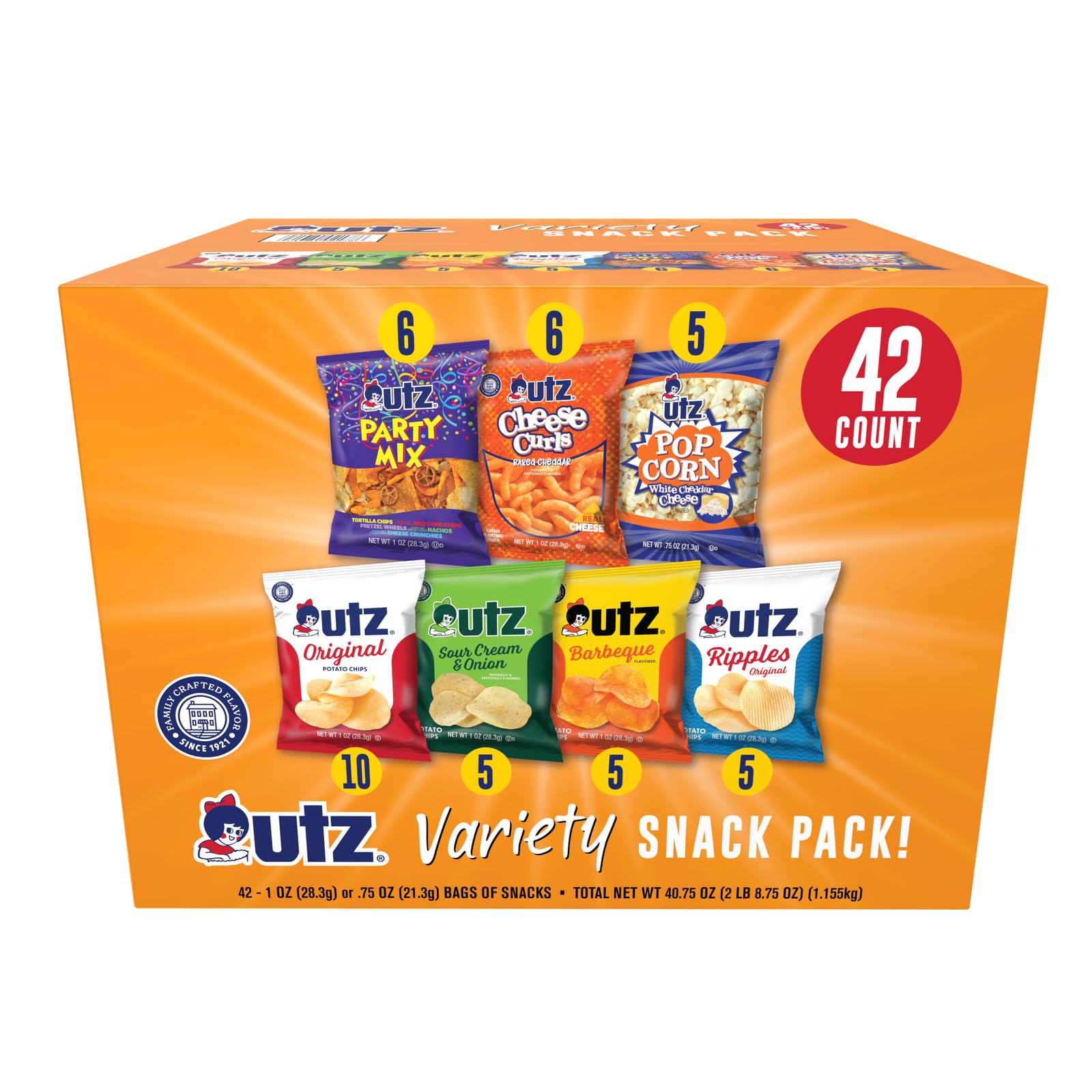 Utz Snack Variety Pack Individual Snacks, Includes Potato Chips, Cheese Curls, Popcorn, and Party Mix, Crunchy Travel Snacks for Lunches, Vending Machines, and Enjoying on the Go (Pack of 42)