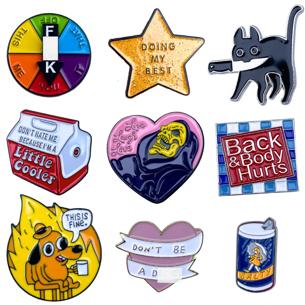 9PC Funny Enamel Pins Pack Cute Cool Fun Pin for Lapel Backpack Jacket Hat Bag Adult Teens Girls Boys, Small Buttons Unique Novelty Mood Assorted Cartoon Cheap Bulk Craft Supply Accessories Gifts