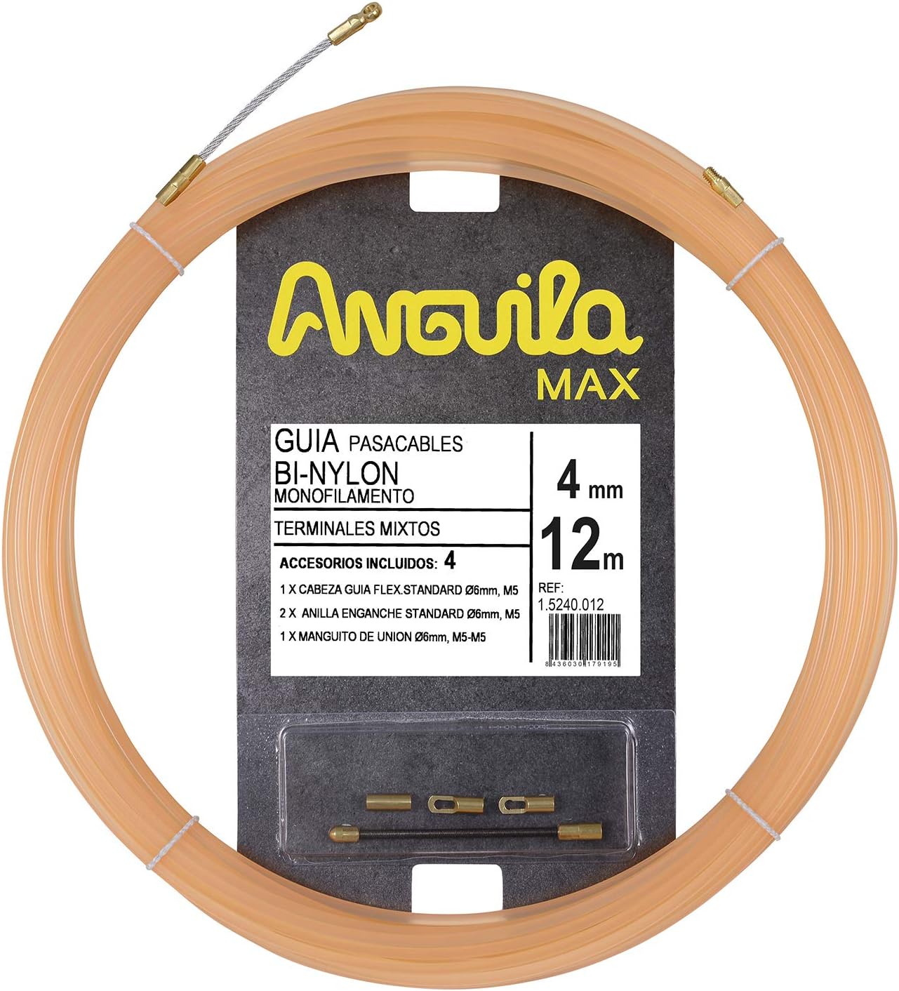         Anguila - Max Guía pasacables BI-Nylon Monofilamento, 12 m, 4mm, Terminales Mixtos, Salmón.       