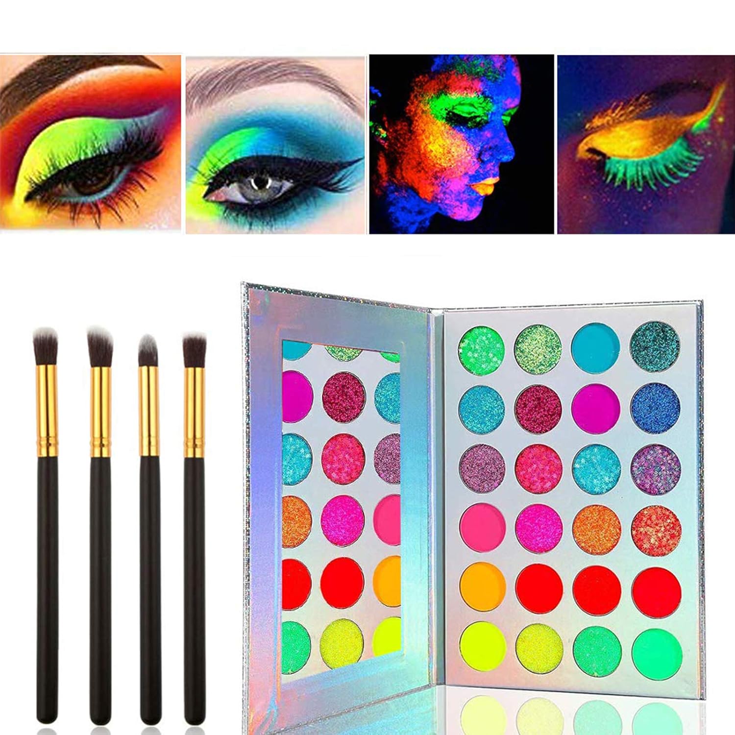 Buy Kalolary 24 Colors Neon Eyeshadow Palette With 4 Brushes Glow In The Dark Paint Uv Glow Blacklight Matte Glitter Fluorescent High Pigmented Makeup Palette For Festivals Party Face Body Makeup Online In Indonesia