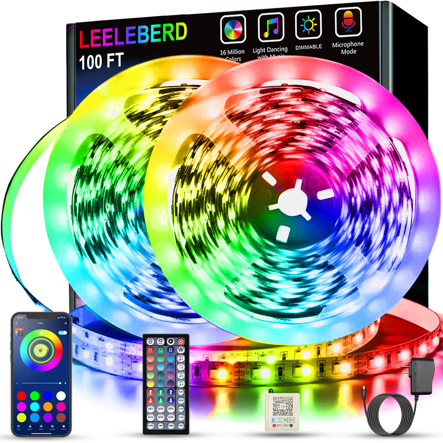 Led Lights for Bedroom 100 ft (2 Rolls of 50ft) Music Sync Color Changing RGB Led Strip Lights with Remote App Control Bluetooth Led Strip, Led Lights for Room Home Kitchen Party Decor