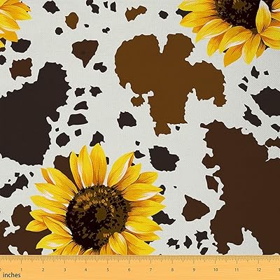 Sunflower Cow Upholstery Fabric, Rustic Cowhide Brown Fabric by The Yard, Yellow Floral Outdoor Fabric, Wildlife Farmhouse Cow Animal Waterproof Fabric, Upholstery and Home Accents 1 Yard