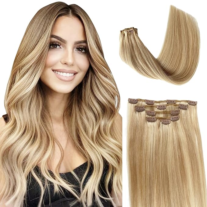 Amazon.com : Seamless Clip in Hair Extensions Human Hair Golden Blonde ...