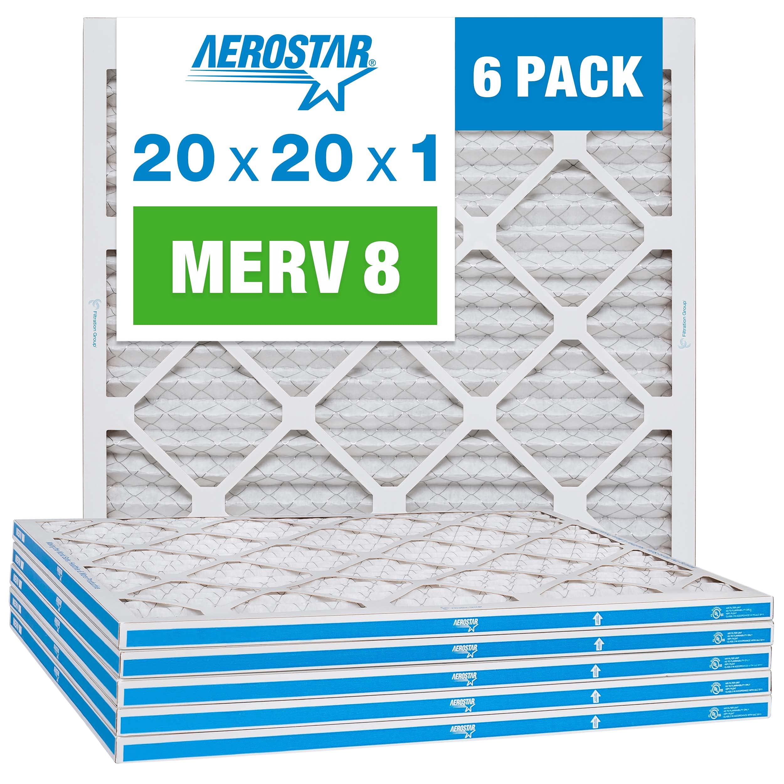 Aerostar 20x20x1 MERV 8 Pleated Air Filter, AC Furnace Air Filter,(Actual Size: 19 3/4" x 19 3/4" x 3/4"), 6 Count ( Pack of 1)