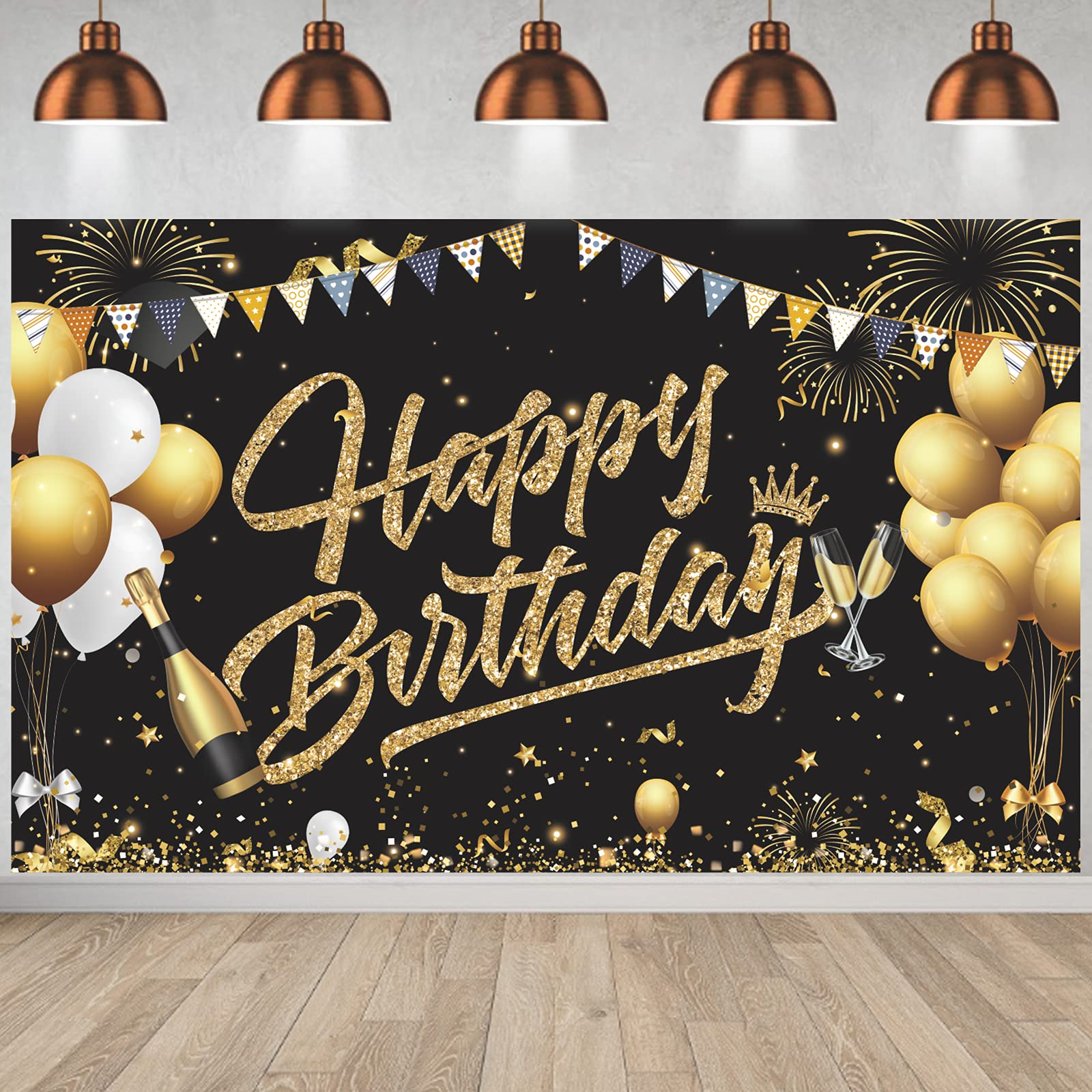 Buy Happy Birthday Backdrop Banner,GRESATEK Black Gold Large Happy ...