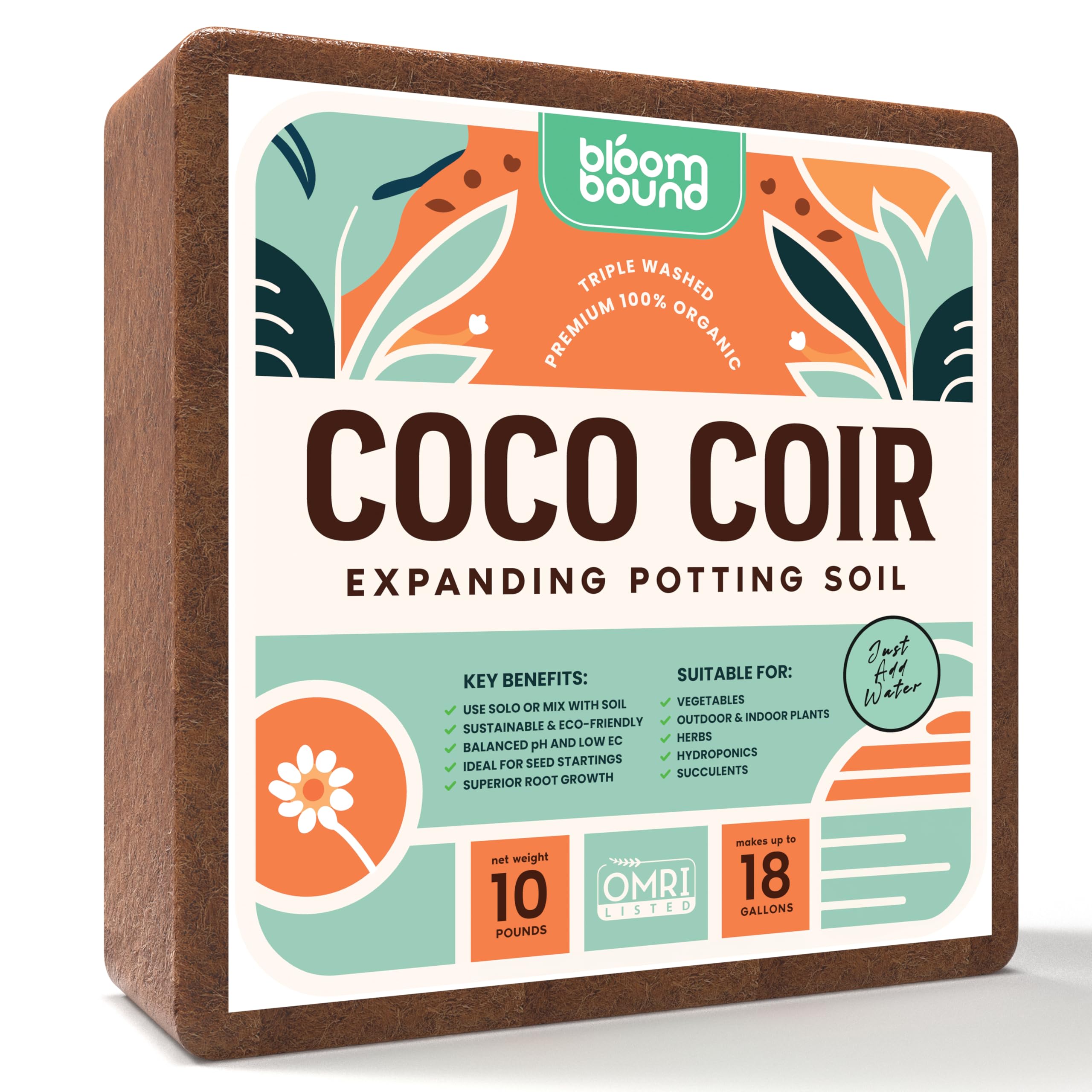 Coconut Coir Large Brick 10lb - OMRI Listed Organic Potting Soil, Coco Soil Block for Plants, pH Balanced Potting Mix, Low EC Compressed - Coco Coir Bulk Vegetables, Herbs