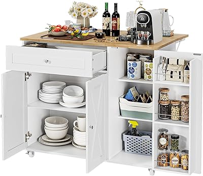 BOTLOG Kitchen Island with Storage, Island Table on Wheels with Drop Leaf, Spice Rack, Drawer, Towel Rack, Rolling Kitchen Island Cart for Dinning Room, White 15.7-27.55" D x 47.63" W x 35.43" H