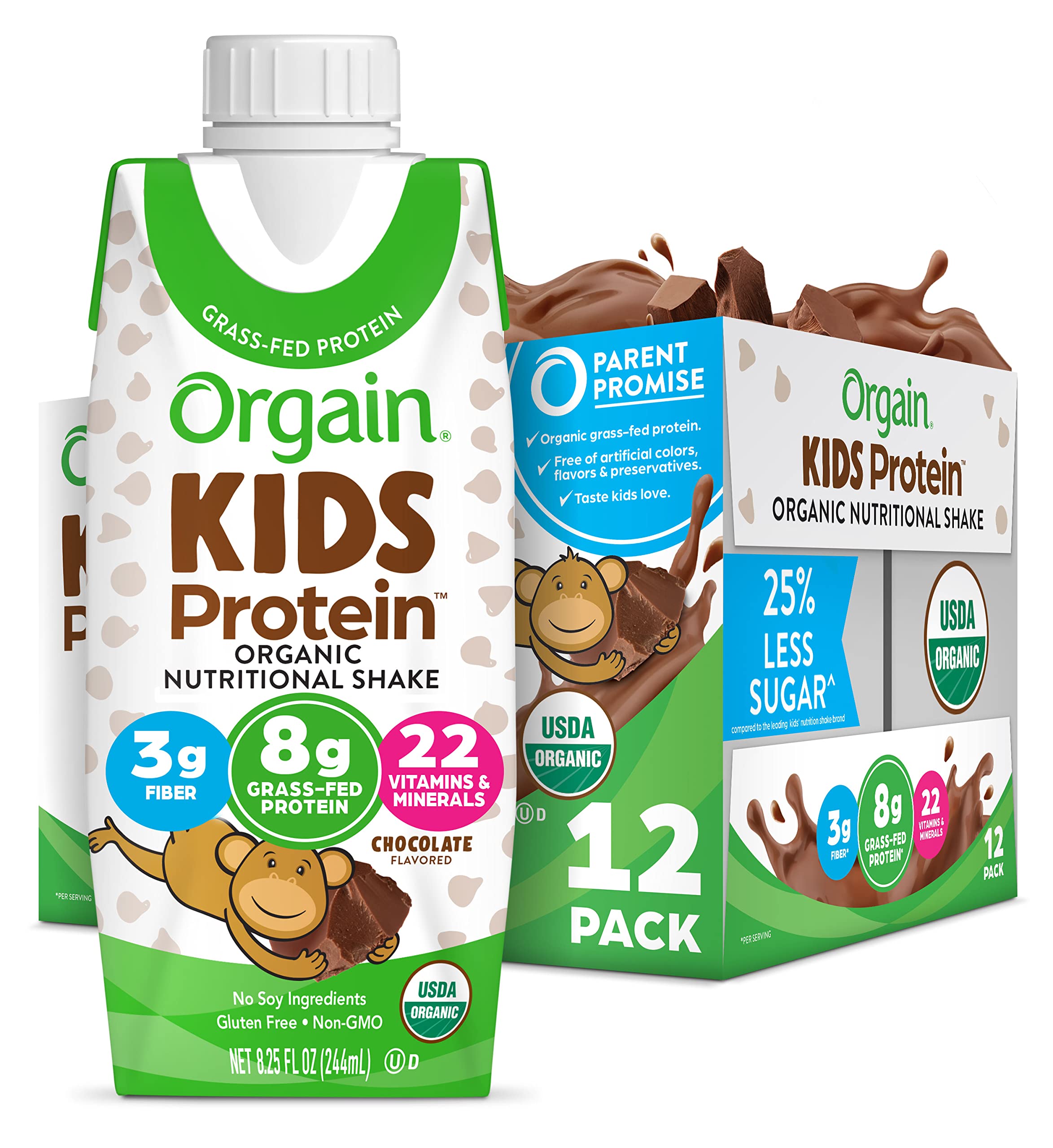 Photo 1 of Orgain Organic Kids Protein Nutritional Shake, Chocolate - 8g of Protein, 22 Vitamins & Minerals, Fruits & Vegetables, Gluten Free, Soy Free, Non-GMO, 8.25 Fl Oz (Pack of 12) Chocolate 8.25 Fl Oz (Pack of 12)